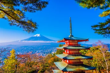 Wall murals Fuji Beautiful landscape of mountain fuji with chureito pagoda around maple leaf tree in autumn season