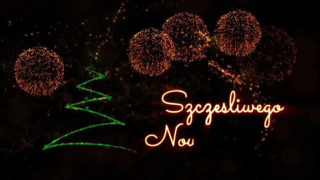 Happy New Year' text in Polish 'Szczesliwego Nowego Roku' animation with pine tree and fireworks