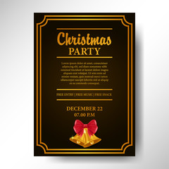 Christmas party poster template banner with golden bell. Vector illustration