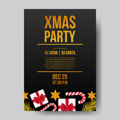 Christmas party poster template banner with gift box present and confetti. Vector illustration