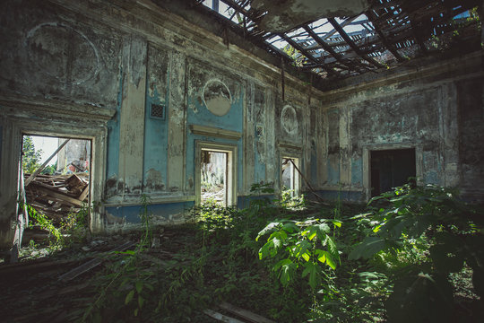 Ruined Mansion Hall Interior Overgrown By Plants. Nature And Abandoned Architecture, Green Post-apocalyptic Concept