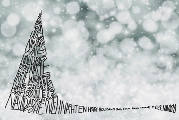 Tree With Merry Christmas In Various Languages, Gray Snow Background