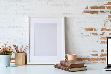 Bloggers workspace poster frame mockup with copy space