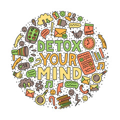 Detox your mind. Concept illustration with lettering and doodles