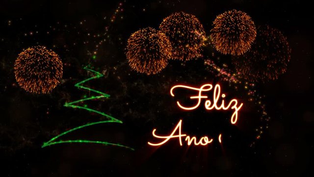 Happy New Year' text in Spanish 'Feliz Ano Nuevo' animation with pine tree and fireworks