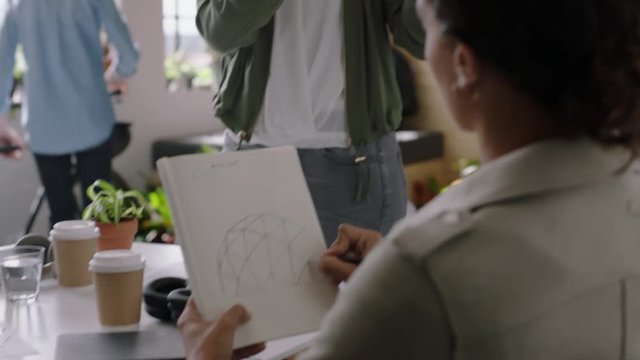 caucasian business woman presenting geodesic dome model in office meeting engineers brainstorming creative design solution discussing ideas in startup workplace presentation