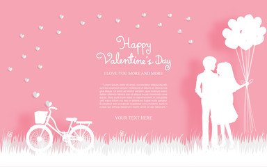 Valentine's card with bicycle and couple with heart balloons on the yard.  Sweet pink background. Text Happy Valentine's day in paper cut style. Vector illustration. 