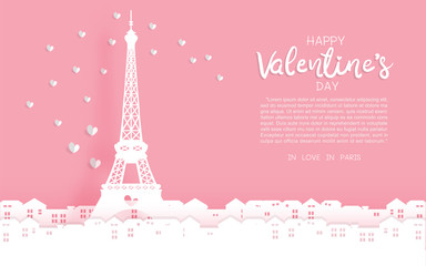 Fototapeta na wymiar Valentine's card with Eiffel Tower and city with building. Paris, France symbols in paper cut style. Vector illustration.