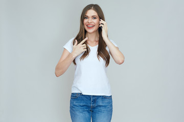 smiling woman holding smart phone