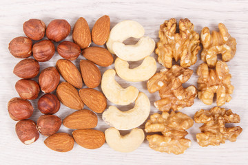 Various nuts and almonds containing healthy natural vitamins and minerals, nutritious eating