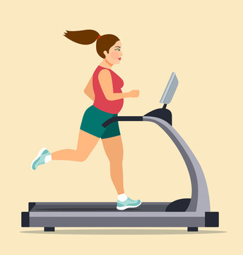 Fat Girl running on treadmill isolated. Vector flat style  illustration