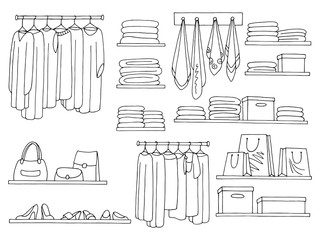 Shelves set graphic black white isolated sketch wardrobe illustration vector