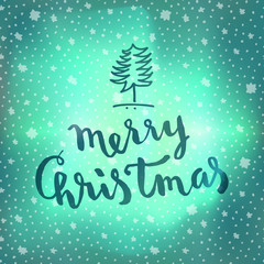 Merry Christmas quote calligraphic greeting card on winter sky northern lights background with stars