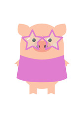 Pig Disco. Funny pig girl in a dress for disco. A pig with glasses and a dress. Cartoon, vector