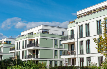 Fototapeta premium New mint green townhouses seen in Berlin, Germany
