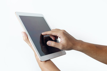 Isolated of business man is using new tablet on white background as for business technology background.