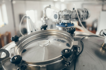 Production of milk and yogurt at the plant. Metal units and tanks for storage and transportation.