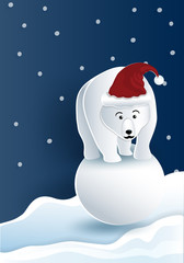 Fototapeta premium Bear wearing red hat standing on snowball with blue background while snow falling