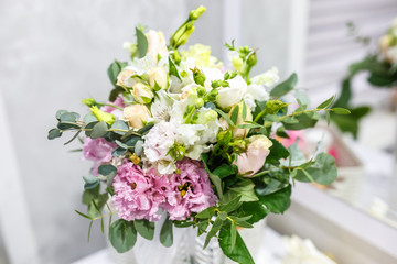 bright wedding bouquet of summer pink and white roses