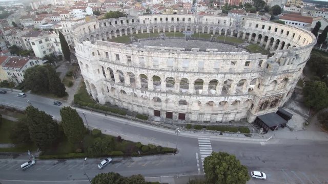 Amphitheater Pula Aerial View in Croatia in 4K , Stock Footage