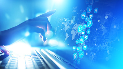 Business intelligence, Data analysis dashboard with icons charts and diagram on virtual screen.