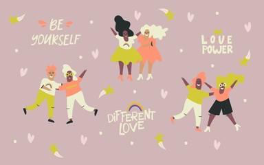 Obraz na płótnie Canvas Cute cartoon illustration with heterosexual couples. Different love. Vector.