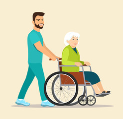 Fototapeta premium Nurse strolling with elder grey haired woman in wheelchair. Vector flat style illustration