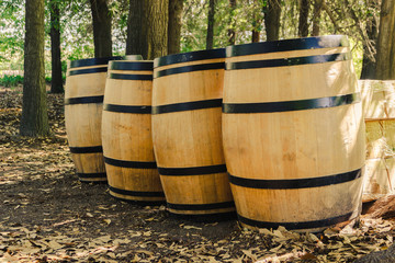 Obraz premium Four wooden wine barrels on the grass