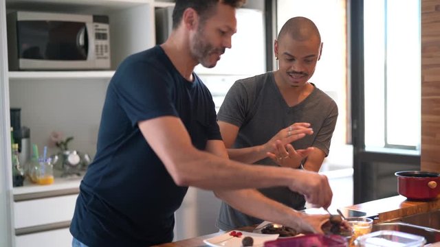 chocolate, couple, gay, food, kitchen, man, partners, homosexual, homosexuality, dessert, brazil, brazilian, partnership, partner, love, house, relationship, boyfriend, husband, mixed race person, mod