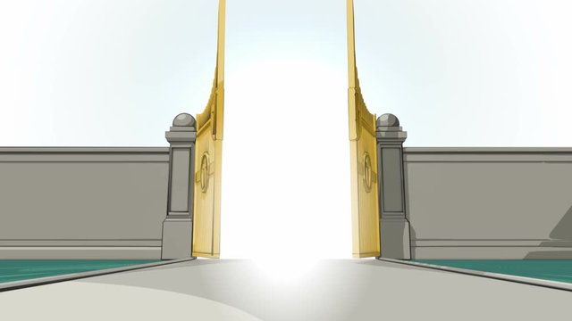 A cartoon vector animation of heavens golden gates opening to an ethereal light on plain background