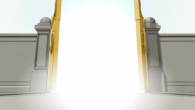 A cartoon vector animation of heavens golden gates opening to an ethereal light on plain background