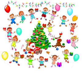 Santa and joyful children. Joyful little children and Santa near the Christmas tree