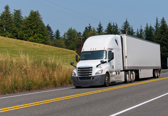 White big rig semi truck transporting dry van semi trailer on the road with trees and meadow background