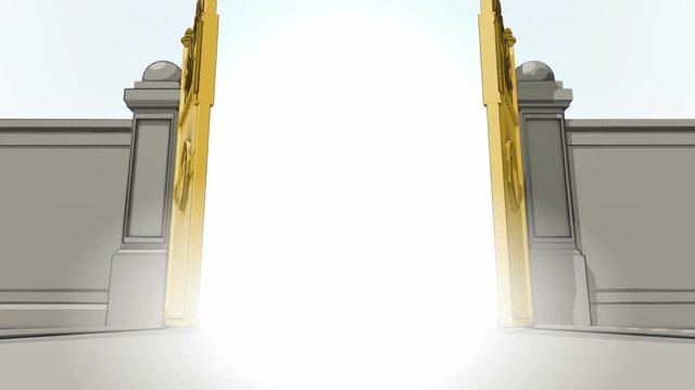 A cartoon vector animation of heavens golden gates opening to an ethereal light on plain background