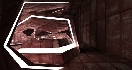 Abstract room interior of sheets rusted metal . Architectural background. 3D illustration and rendering
