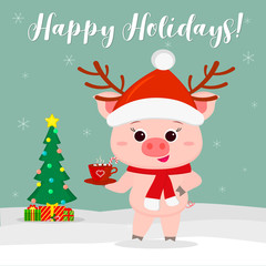 Fototapeta na wymiar New Year and Christmas card. A cute pig wearing a santa hat and deer antlers and a scarf holding a cup of cocoa on a background of winter and snowflake. Christmas tree and gifts. Vector, cartoon