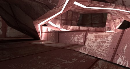 Abstract room interior of sheets rusted metal . Architectural background. 3D illustration and rendering