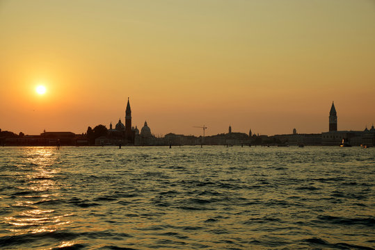 Sunset over Venice lagoon, Italy, Europe.
