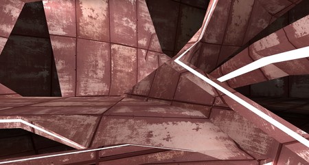 Abstract room interior of sheets rusted metal . Architectural background. 3D illustration and rendering