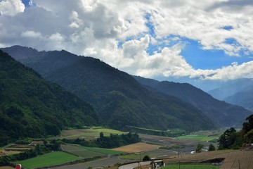 Green background, beautiful mountain view.