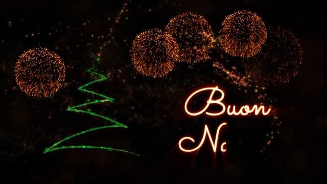 Merry Christmas' text in Italian 'Buon Natale' animation with pine tree and fireworks