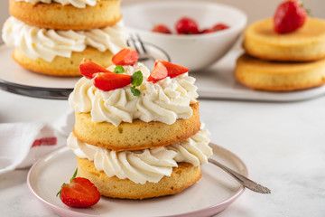 Strawberry cake with vanilla cream on white background. Copy space.