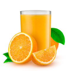 Isolated drink. Glass of orange juice and slices of orange fruit isolated on white background