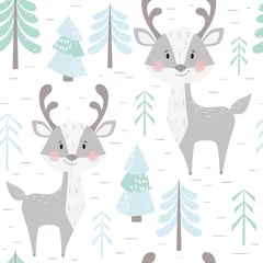 Deurstickers Baby hert Herten baby winter naadloze patroon. Schattig dier in besneeuwde bos kerst print.