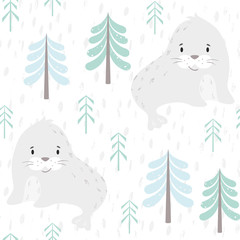 Seal baby winter seamless pattern. Cute animal in snowy forest christmas print.