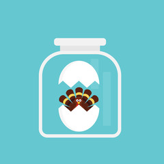Thanksgiving turkey cartoon in cracked egg in a jar vector illustration
