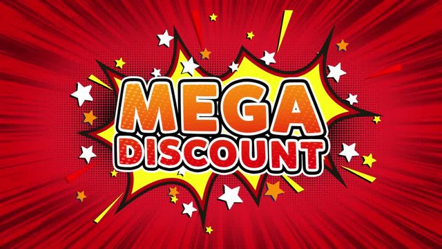 Mega Discount Word Retro Cartoon Comic Bubbles Popup Style illustration. Colored Bomb Strip Dotted and red Speed Radial line Seamless loop. black green screen 4k doodle background