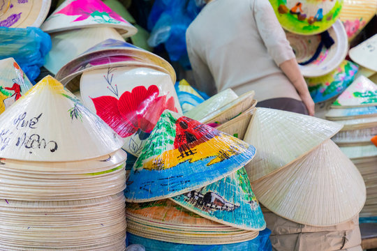 Traditional bamboo hats made on Hue, local market. Souvernir from Vietnam.