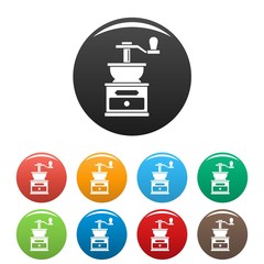 Coffee grinder icons set 9 color vector isolated on white for any design