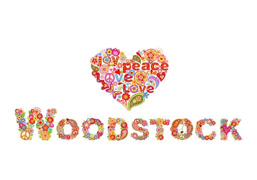 Colorful Woodstock flowers lettering and hippie heart shape for t shirt print, party poster and other design on white background